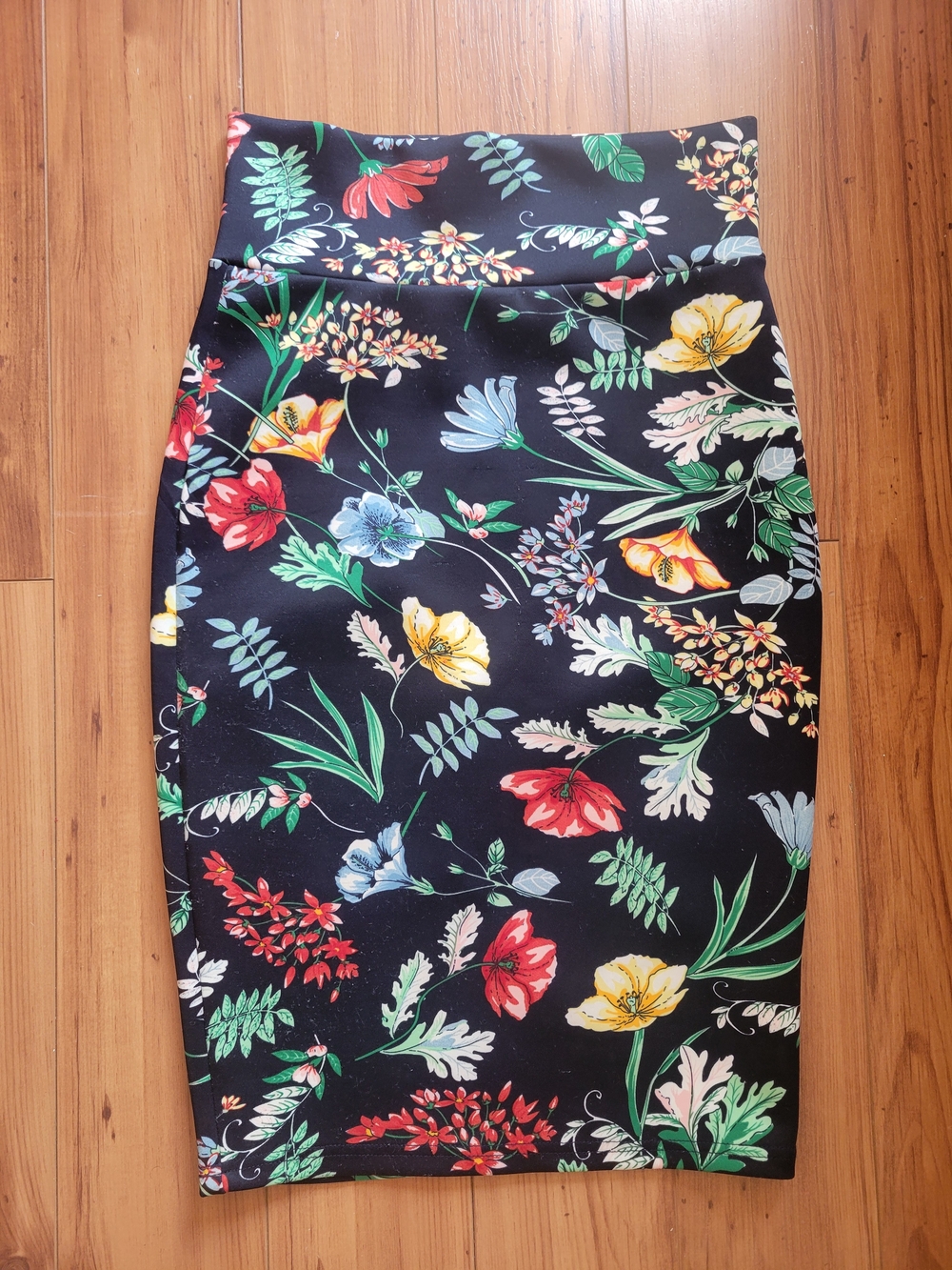 Revamped Black Floral Pencil Skirt with Red, Yellow & Green Accents
